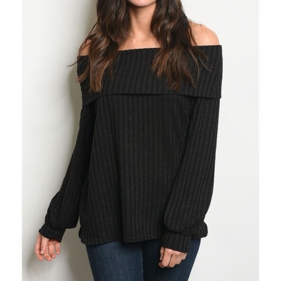 Kala Vella Sweaters - *CLEAROUT SALE ITEM* Black Ribbed Off Shoulder Sweater